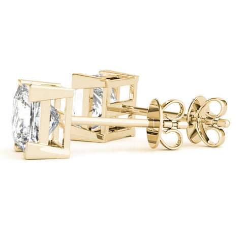 Yellow gold Princess Cut Diamond Stud Earrings with Four-Prong Basket Setting