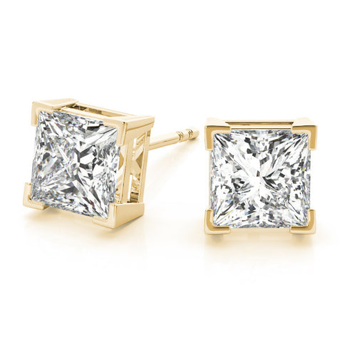 Yellow gold Princess Cut Diamond Stud Earrings with Four-Prong Basket Setting