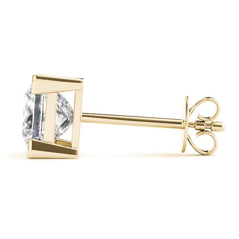 Yellow gold Princess Cut Diamond Stud Earrings with Four-Prong Basket Setting