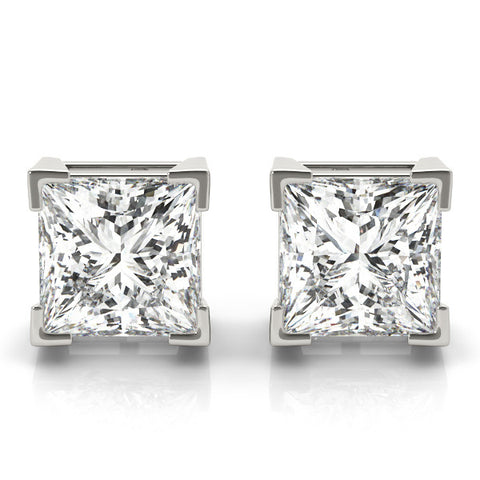 White gold Princess Cut Diamond Stud Earrings with Four-Prong Basket Setting