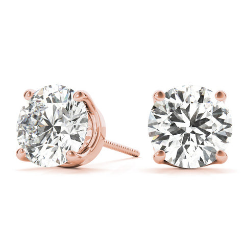 Rose gold Round Brilliant Diamond Stud Earrings with Four-Prong Basket Setting on Screw-Back Posts