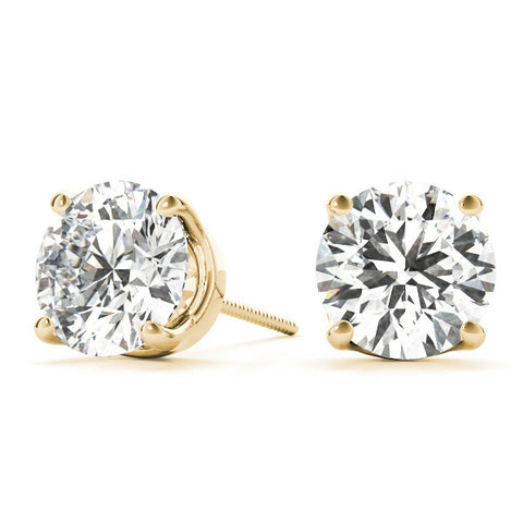 Yellow gold Round Brilliant Diamond Stud Earrings with Four-Prong Basket Setting on Screw-Back Posts