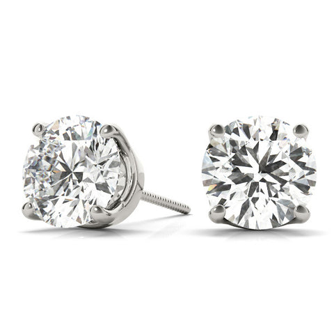 White gold Round Brilliant Diamond Stud Earrings with Four-Prong Basket Setting on Screw-Back Posts