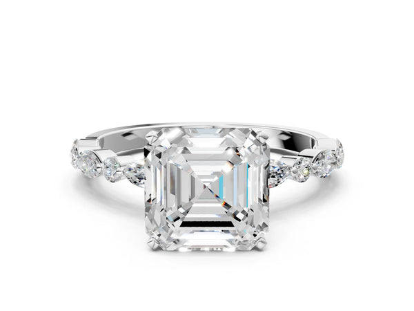 1 Carat Asscher Cut Platinum Diamond Ring with Marquise and Round Side Stones and Four-Prong Setting