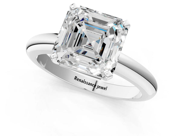 1 Carat Asscher Cut Platinum Diamond Solitaire Engagement Ring with Round Band and Four-Prong Setting