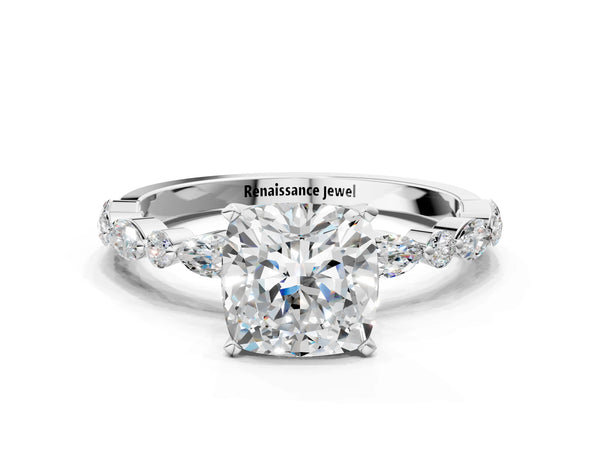 1 Carat Cushion Cut Platinum Diamond Ring with Marquise and Round Side Stones and Four-Prong Setting