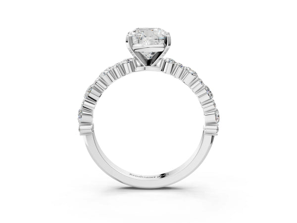 1 Carat Cushion Cut Platinum Diamond Side Stone Solitaire Ring with Round and Four-Prong Setting
