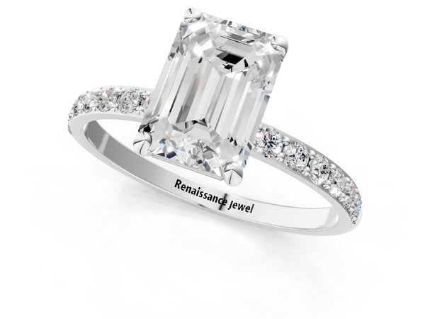 1 Carat Emerald Cut Platinum Diamond Solitaire Ring with Round  Pavé Band and Prong Setting