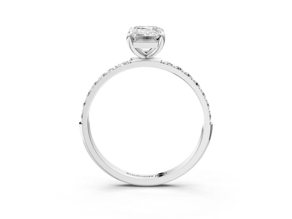 1 Carat Emerald Cut Platinum Diamond Solitaire Ring with Round  Pavé Band and Prong Setting