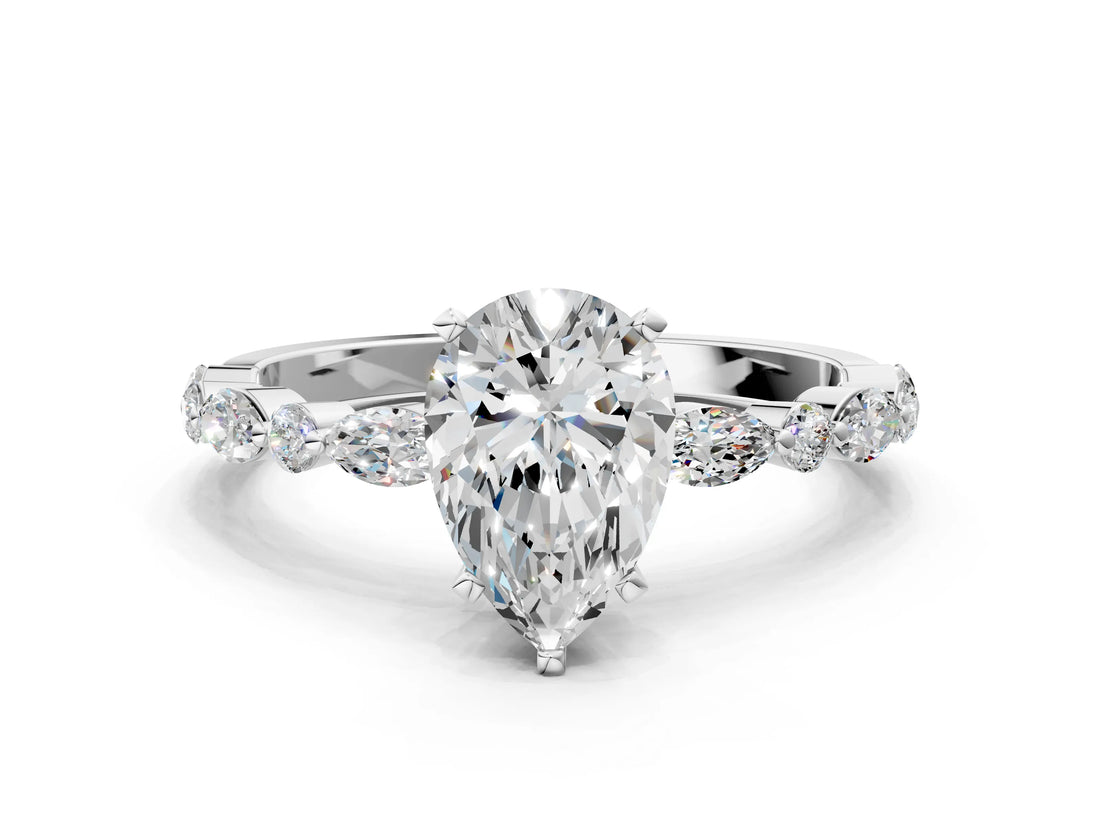 Platinum 1 Carat Pear Cut Diamond Ring with Marquise and Round  Side Stones and Four-Prong Setting_72