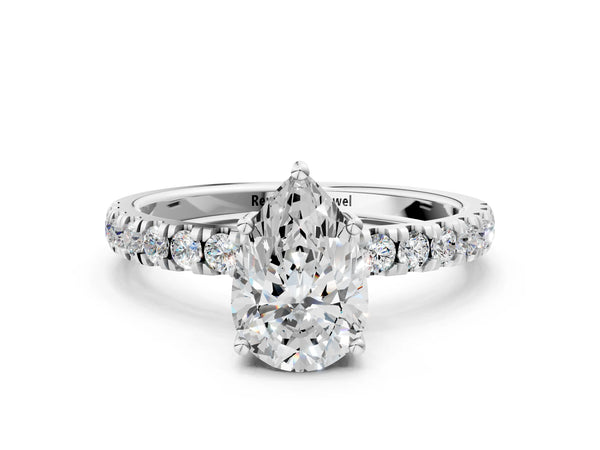 1 Carat Pear Cut Platinum Diamond Pave Band Solitaire Ring with Round  and Prong Setting