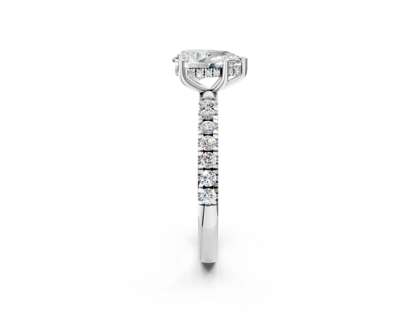 1 Carat Pear Cut Platinum Diamond Pave Band Solitaire Ring with Round  and Prong Setting