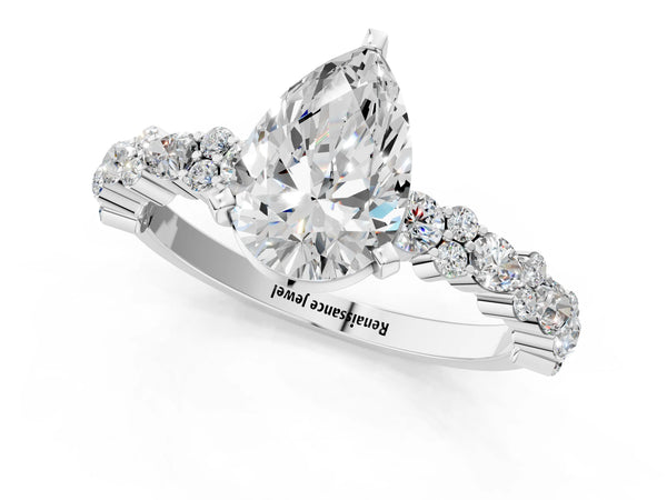 1 Carat Pear Cut Platinum Diamond Side Stone Solitaire Ring with Round and Four-Prong Setting
