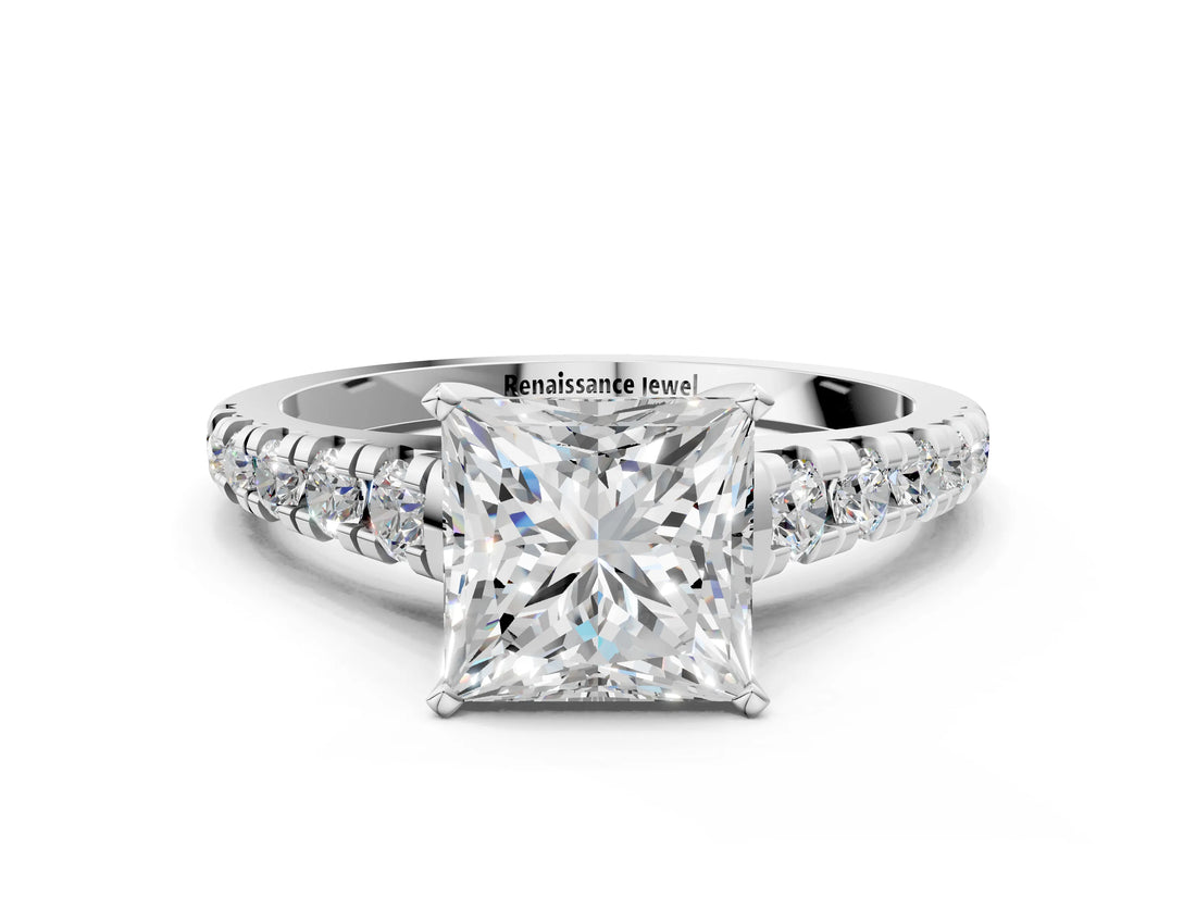 Platinum 1 Carat Princess Cut  Solitaire Ring with Cathedral Setting and Pavé Band_12