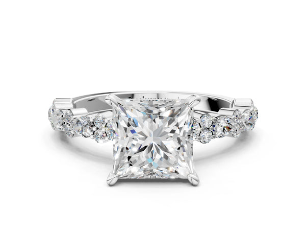 1 Carat Princess Cut Platinum Diamond Side Stone Solitaire Ring with Round and Four-Prong Setting