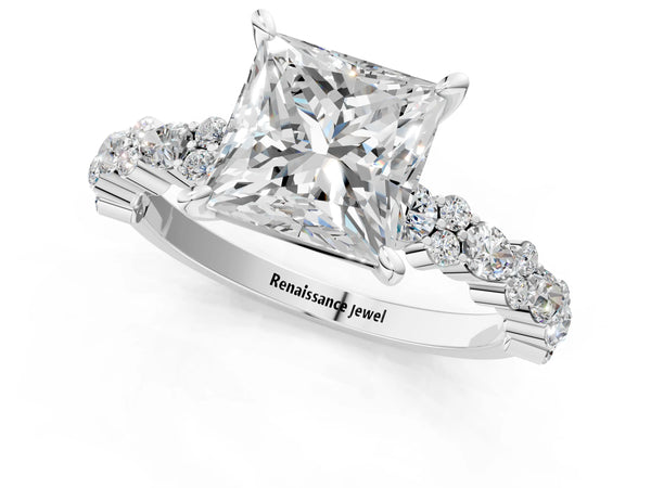 1 Carat Princess Cut Platinum Diamond Side Stone Solitaire Ring with Round and Four-Prong Setting
