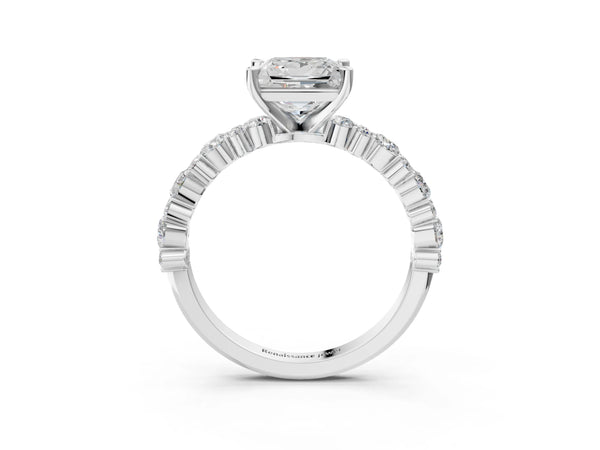 1 Carat Princess Cut Platinum Diamond Side Stone Solitaire Ring with Round and Four-Prong Setting