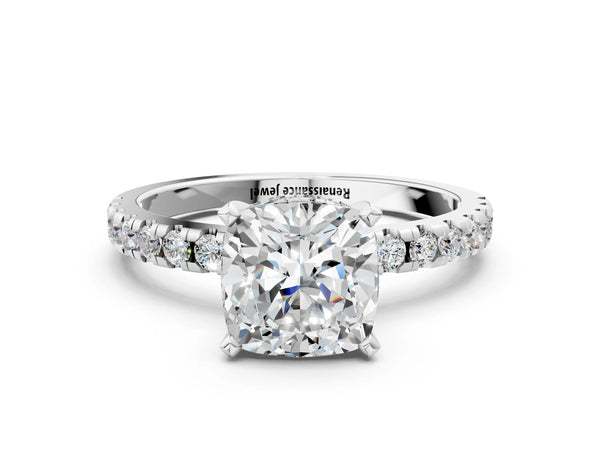 1.5 Carat Cushion Cut Platinum Diamond Solitaire Ring with Round  Pavé Band and Four-Prong Setting