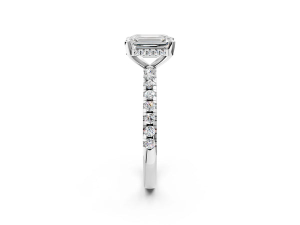 1.5 Carat Emerald Cut Platinum Diamond Solitaire Ring with Round  Pavé Band and Four-Prong Setting