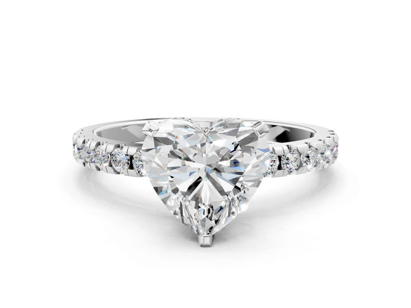 1.5 Carat Heart Cut Platinum Diamond Solitaire Ring with Round  Pavé Band and Four-Prong Setting