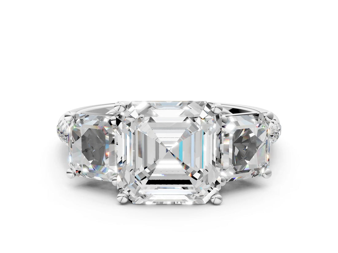 Platinum 1.5 Carat Three-Stone Asscher Cut Diamond Ring with Round  Pavé Band and Prong Setting_24
