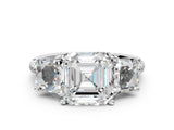 Platinum 1.5 Carat Three-Stone Asscher Cut Diamond Ring with Round  Pavé Band and Prong Setting_24