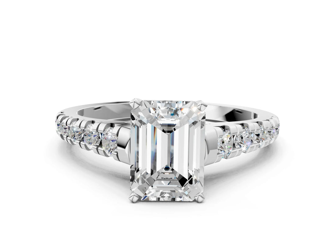 Platinum 10 Carat Emerald Cut  Solitaire Ring with Cathedral Setting and Pavé Band_12