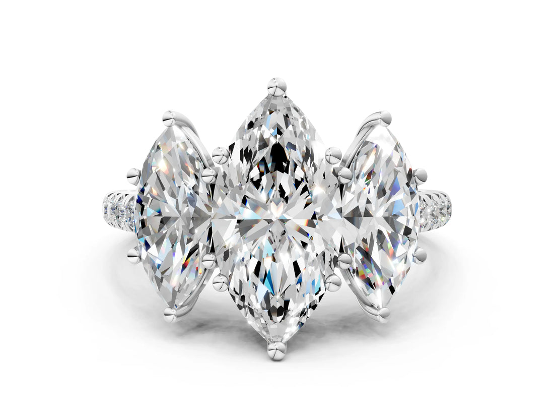 Platinum 10 Carat Three-Stone Marquise Cut  Ring with Pavé Band and Prong Setting_12