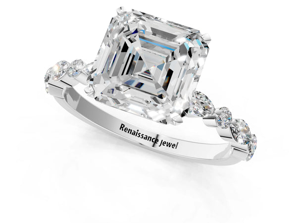 2 Carat Asscher Cut Platinum Diamond Ring with Marquise and Round Side Stones and Four-Prong Setting