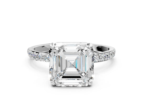 2 Carat Asscher Cut Platinum Diamond Solitaire Ring with Round  Pavé Band and Prong Setting