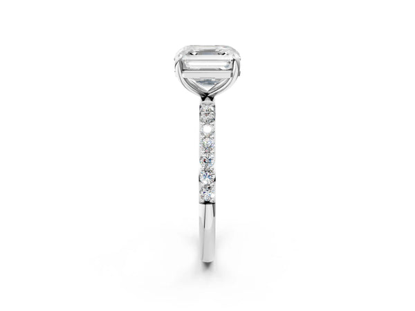 2 Carat Asscher Cut Platinum Diamond Solitaire Ring with Round  Pavé Band and Prong Setting