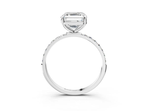 2 Carat Asscher Cut Platinum Diamond Solitaire Ring with Round  Pavé Band and Prong Setting