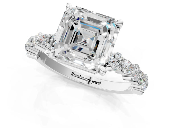 2 Carat Asscher Cut Platinum Diamond Side Stone Solitaire Ring with Round and Four-Prong Setting