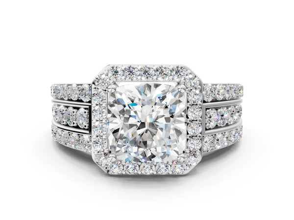 2 Carat Cushion Cut Platinum Halo Diamond Ring with Round  Split Shank and Prong Setting