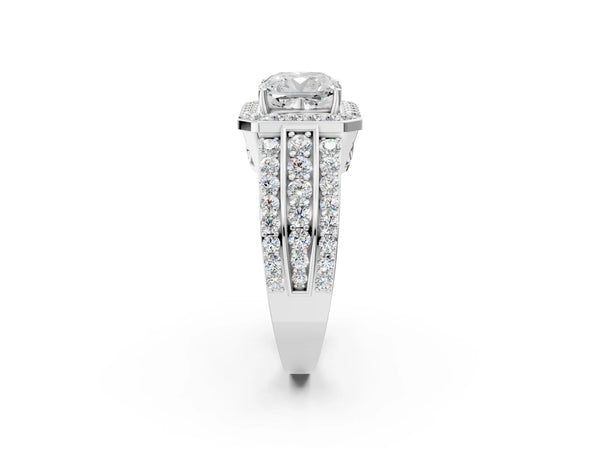 2 Carat Cushion Cut Platinum Halo Diamond Ring with Round  Split Shank and Prong Setting