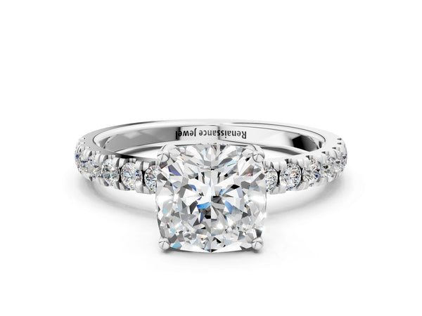 2 Carat Cushion Cut Platinum Diamond Pave Band Solitaire Ring with Round  and Prong Setting