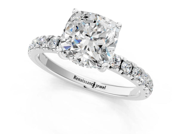 2 Carat Cushion Cut Platinum Diamond Pave Band Solitaire Ring with Round  and Prong Setting