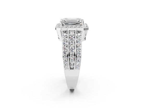 2 Carat Emerald Cut Platinum Halo Diamond Ring with Round  Split Shank and Prong Setting