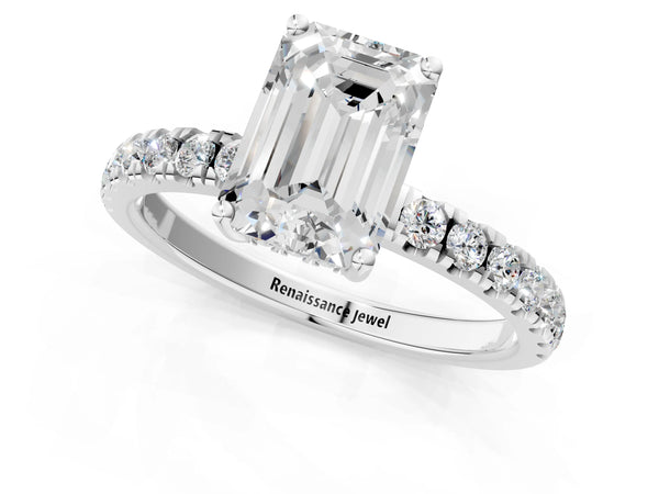 2 Carat Emerald Cut Platinum Diamond Pave Band Solitaire Ring with Round  and Prong Setting