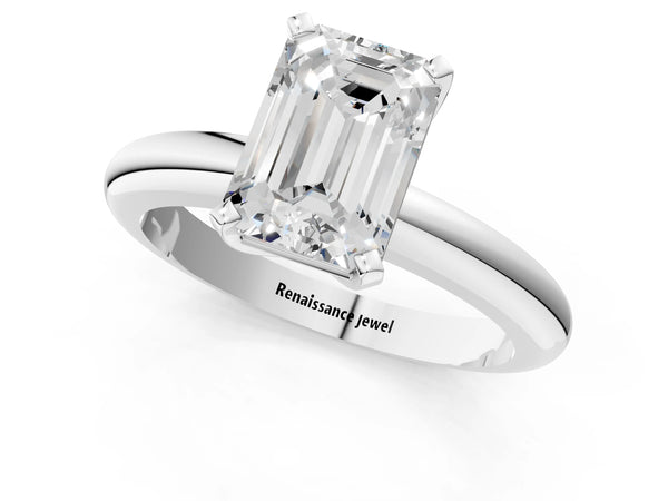 2 Carat Emerald Cut Platinum Diamond Solitaire Engagement Ring with Round Band and Four-Prong Setting