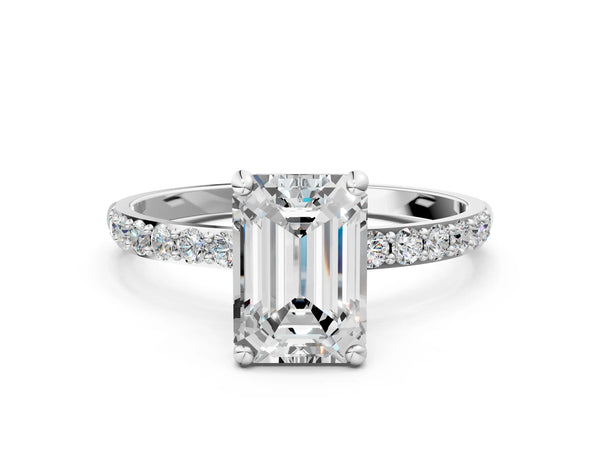 2 Carat Emerald Cut Platinum Diamond Solitaire Ring with Round  Pavé Band and Prong Setting