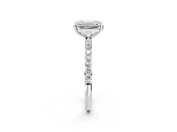 2 Carat Emerald Cut Platinum Diamond Solitaire Ring with Round  Pavé Band and Prong Setting