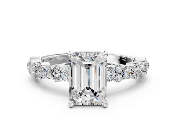 2 Carat Emerald Cut Platinum Diamond Side Stone Solitaire Ring with Round and Four-Prong Setting