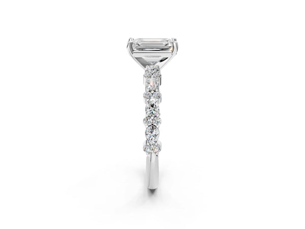 2 Carat Emerald Cut Platinum Diamond Side Stone Solitaire Ring with Round and Four-Prong Setting