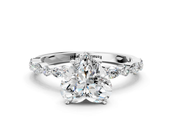 2 Carat Heart Cut Platinum Diamond Ring with Marquise and Round Side Stones and Four-Prong Setting