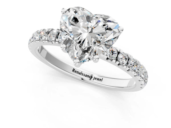 2 Carat Heart Cut Platinum Diamond Pave Band Solitaire Ring with Round  and Prong Setting