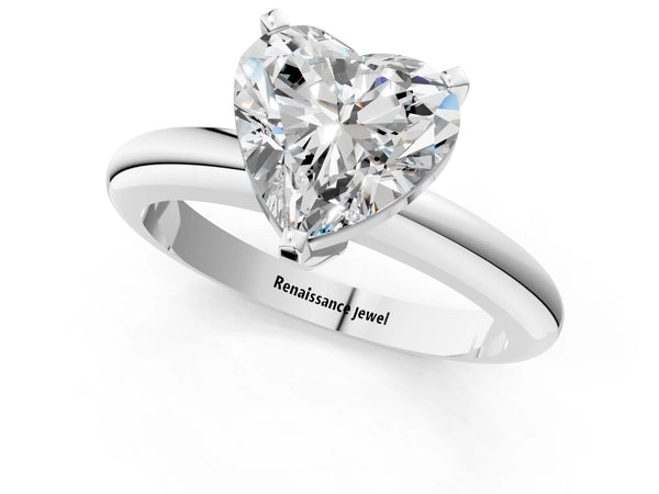 2 Carat Heart Cut Platinum Diamond Solitaire Engagement Ring with Round Band and Four-Prong Setting