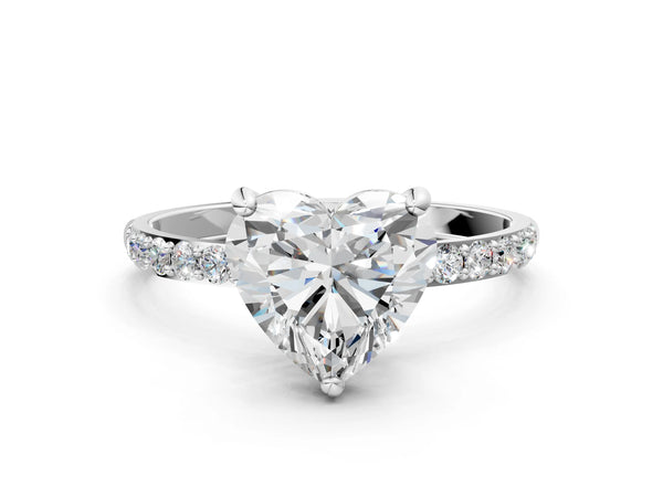 2 Carat Heart Cut Platinum Diamond Solitaire Ring with Round  Pavé Band and Prong Setting