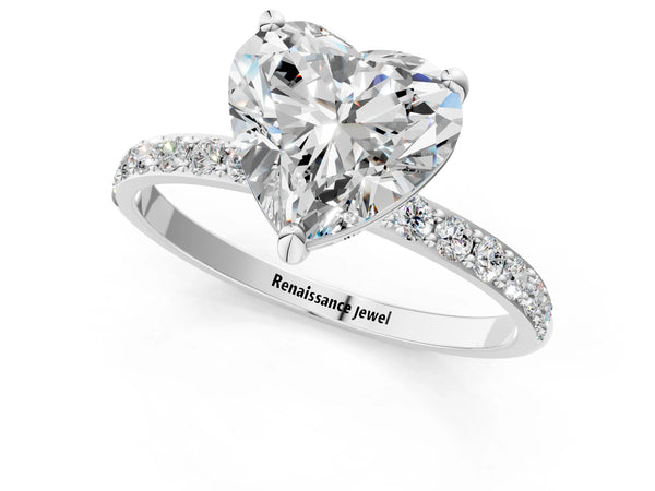 2 Carat Heart Cut Platinum Diamond Solitaire Ring with Round  Pavé Band and Prong Setting