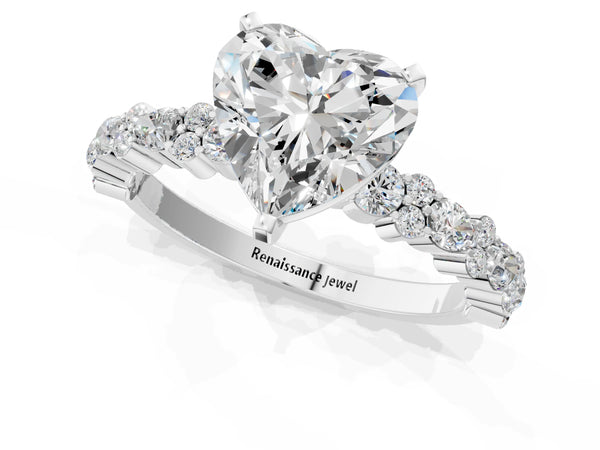 2 Carat Heart Cut Platinum Diamond Side Stone Solitaire Ring with Round and Four-Prong Setting